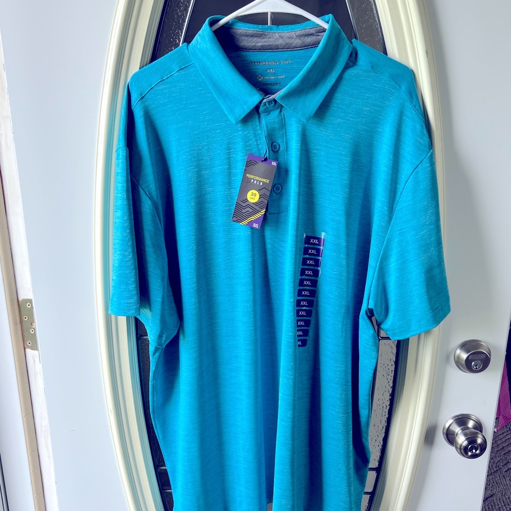 XXL blue performance golf polo with tags